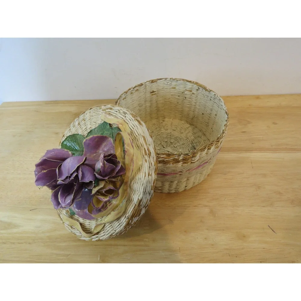 Vintage Floral Woven Nesting Baskets Set of 4 Decorative Lace Trim Storage Boxes